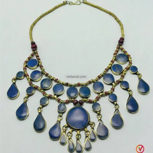 Lapis Lazuli Afghan Bib Necklace: Ethnic Teardrop Jewelry - Picture 5 of 9